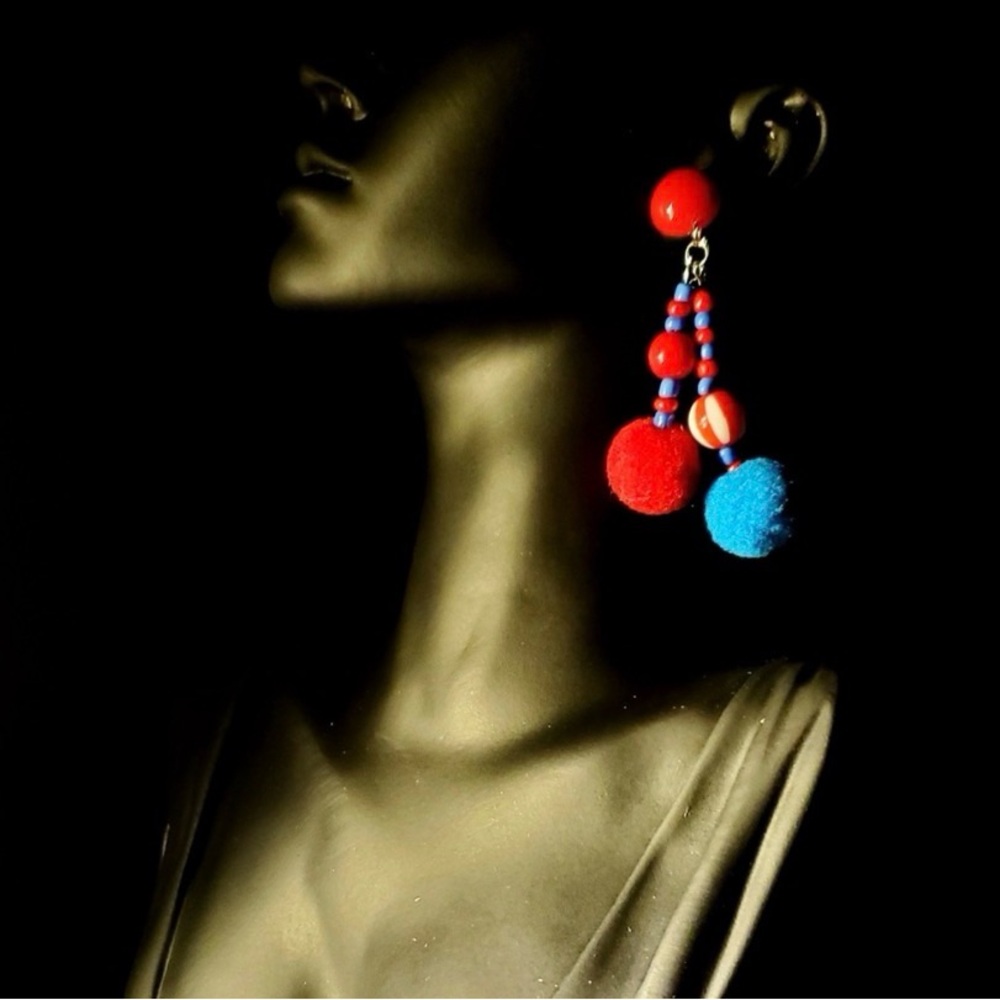 Red and Blue Pom Pom Bead Drop Earrings